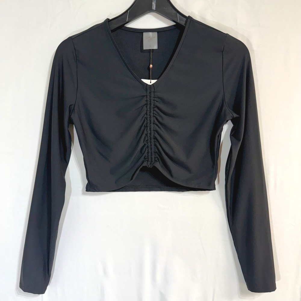 NWT Calia Rash Guard Small Long Sleeve Ruched Top Black Womens Swim Shirt